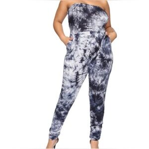 Riley & James Jumpsuit Size in Photos Blue White Tie Dye Strapless Elastic Waist